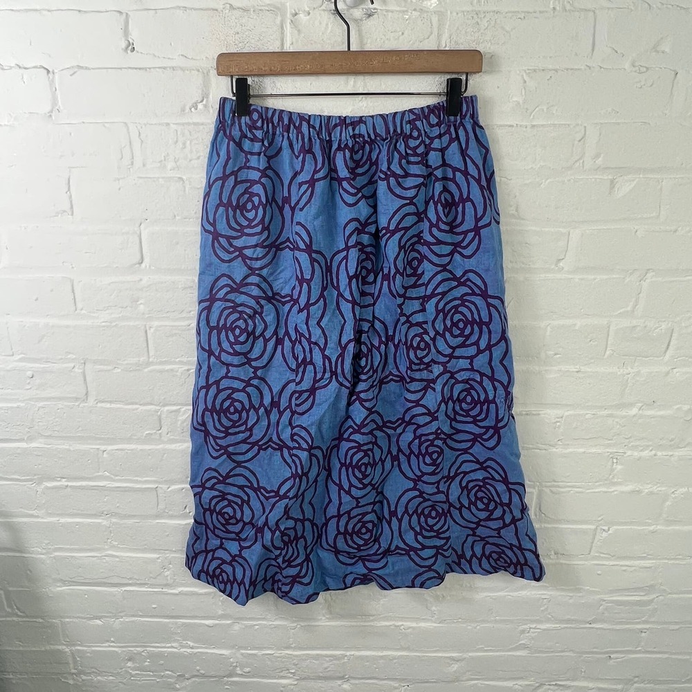 Flax Blue Midi Skirt with Purple Rose Print